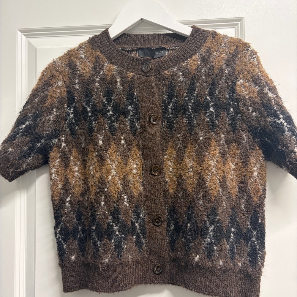 Zara Brown Short-Sleeve Argyle Knit Cardigan Sweater